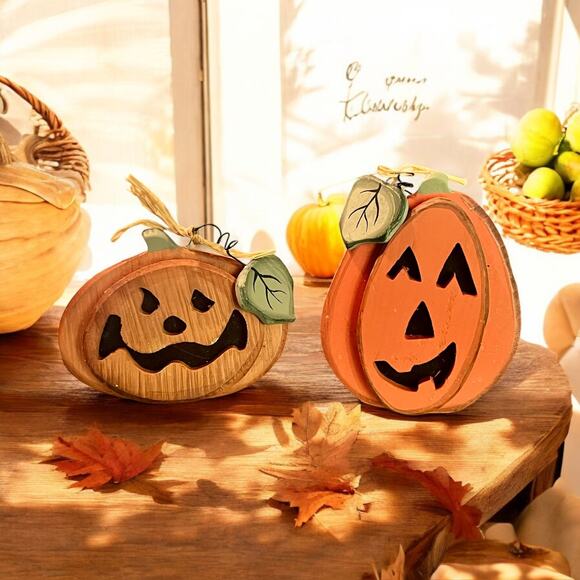 Set of 2 Wooden Jack O Lantern Pumpkins-Rustic Farmhouse Fall-Halloween Decor - Picture 1 of 4